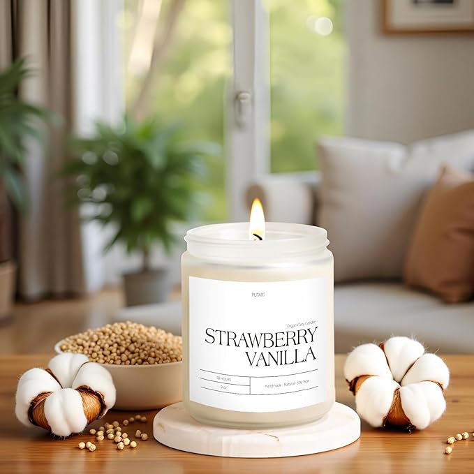 Strawberry Vanilla Highly Scented Candle for Home, 9oz Natural Soy Aromatherapy Non Toxic Candles with Essential Oil, Home Fragrance Stress Relief & Meditation Jar Candles Gifts for Women & Men