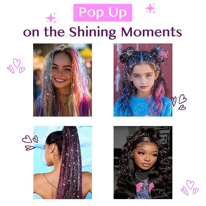 IDN BEAUTY 16 Colors Hair Tinsel Kit, 48 Inches Hair Extensions, Tinsel for Christmas Halloween Cosplay Party, Highlights Sparkling Hair for Girls Women Kids