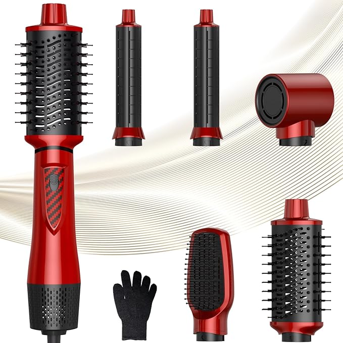 5 in 1 Air Styler Set & Hair Dryer Brush, Low-Speed Negative Ionic Hair Styler Drying, Multi Hair Styler, Professional Blow Dryer Brush for Curling Volumizing Straightening Styling (Red/Black)