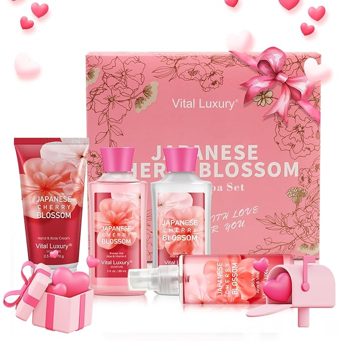 Bath and Body Care Gift Set for Women and Girls, Personal Self-Body Care Travel Set, Japanese Cherry Blossom Spa Home Set with Natural Extracts, 4 Pack - Shower Gel, Body Lotion, Body Mist, Hand Cream