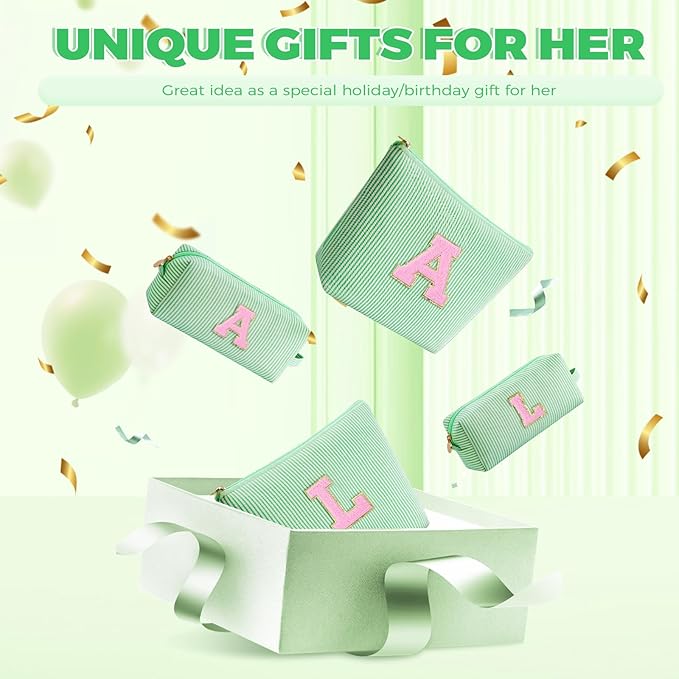 Monogrammed Gifts for Women - Cosmetic Bag for Teen,Initial Cute Makeup Bag Set for Women,Trendy Pouch for Niece Sister Friend Female Her,Birthday Gifts for Daughter - Green,L