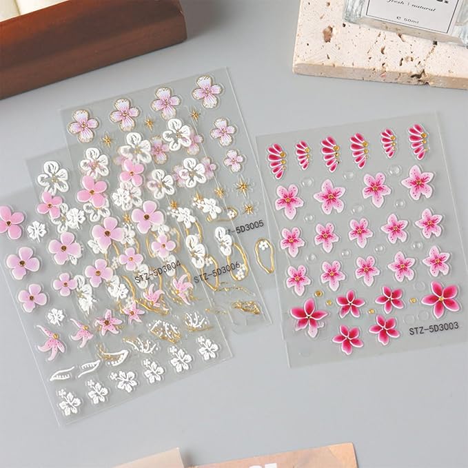 4 Sheets Flower Nail Stickers for Nail Art 5D Self Adhesive Spring Nail Art Stickers White Pink Flower Nail Decals Spring Nail Supplies Design for DIY Acrylic Nails for Women Girls