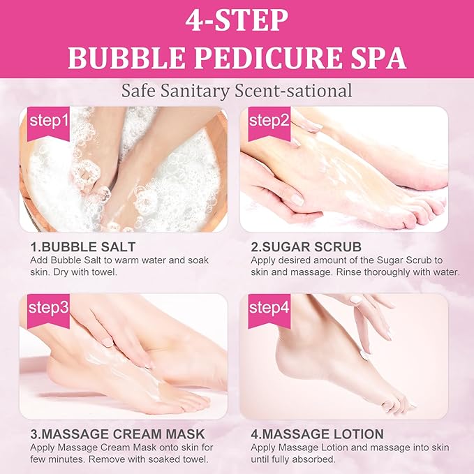 Pedicure Kit Foot Soak Set: Bubble Salt, Sugar Scrub, Massage Mask, Massage Lotion in a Box, 4 Step Foot Spa Kit for Dry Feet, Softens Calluses, Soothes Sore, Tired Feet๏ผ3 Set Rose)