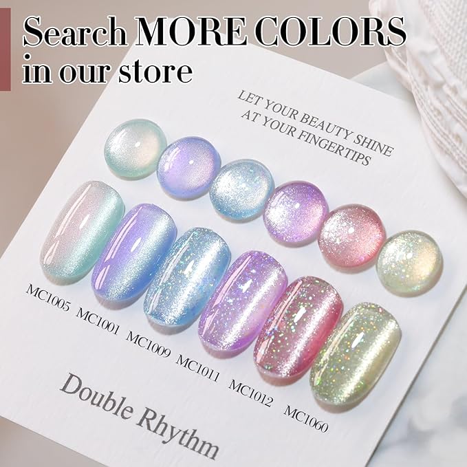 Double Rhythm 0.5 OZ Cat Eye Gel Polish with Magnet 15ML Holographic Glitter Shimmer Translucent Jelly Color Magnetic Gel Polish Salon DIY at Home (Rainbow Blue-MC1009)
