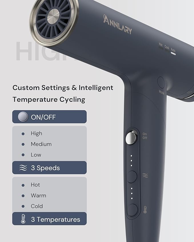 Plasma Ion Hair Dryer with Diffuser for Curly Hair, 110000 RPM Professional High Speed Blow Dryer with Plasma Ion, 1500W Foldable Travel Hairdryer with 6.5 Ft Cord Fast Drying for Women Men