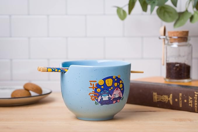 Silver Buffalo Lilo and Stitch Angel Holding Hands Couple Floating Lantern Ceramic Ramen Noodle Rice Bowl with Chopsticks, Microwave Safe, 20 Ounces