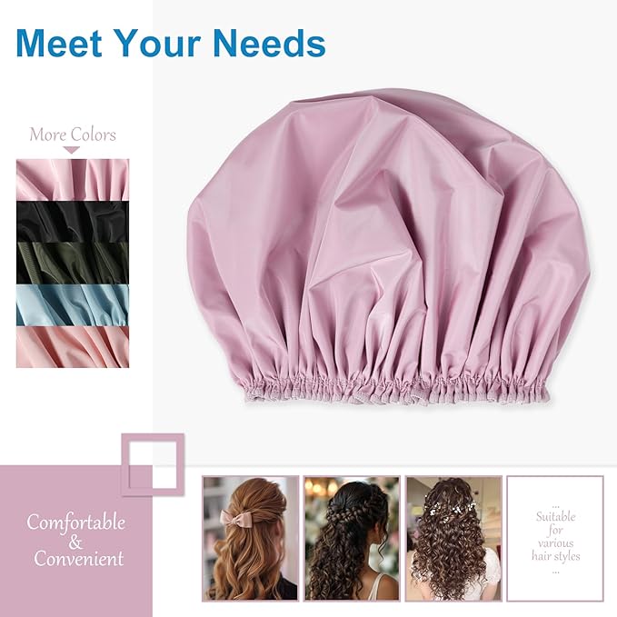 Shower Cap for Women, Double Layer Waterproof Bath Cap, Reusable Hair Protector, Large Waterproof Shower Bonnet Washable Elastic Band Bath Hair Hat for Long Hair, Braids, - Purple