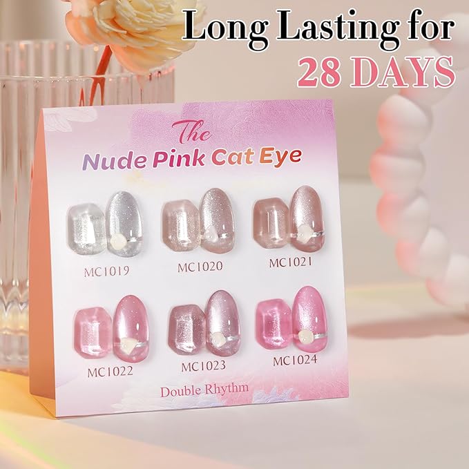 Double Rhythm Cat Eye Gel Nail Polish Set of 6 Same Color Same Bottle 0.5 Oz Shimmer Glitter with Magnet Holographic Reflective Magnetic UV Nail Polish Kit at Home (Silver Nude Pink-T6-42)