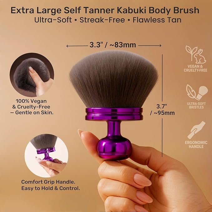 Extra Large Kabuki Self Tanner Brush – Vegan Tanning Applicator for Streak-Free Tan, Full Body Foundation, Sunscreen, Bronzer, Mousse, Lotion, Shimmer, Body Makeup & Professional Tanning Brush
