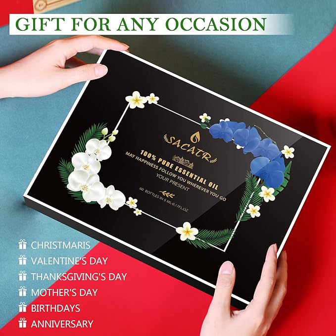 SACATR 60 Bottles Premium Essential Oils Set - Natural Essential Oils for Diffuser, Humidifier, Candle and Soap Making(60x5 ML)