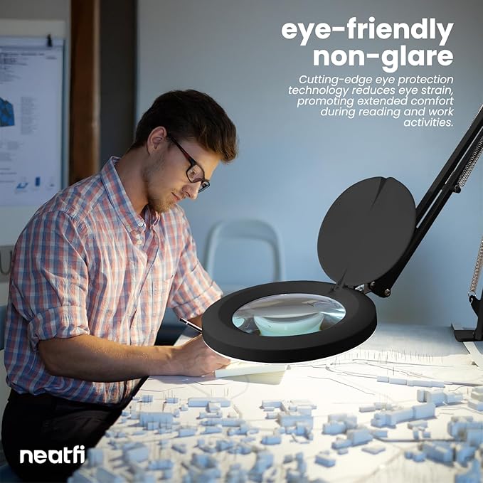 Neatfi (New Model) LED Magnifying Lamp with Clamp, 5D Magnification, 120Pcs SMD LEDs, 12W, Adjustable Color Temperature (Black, 5-Inch Lens, 5 Diopter)