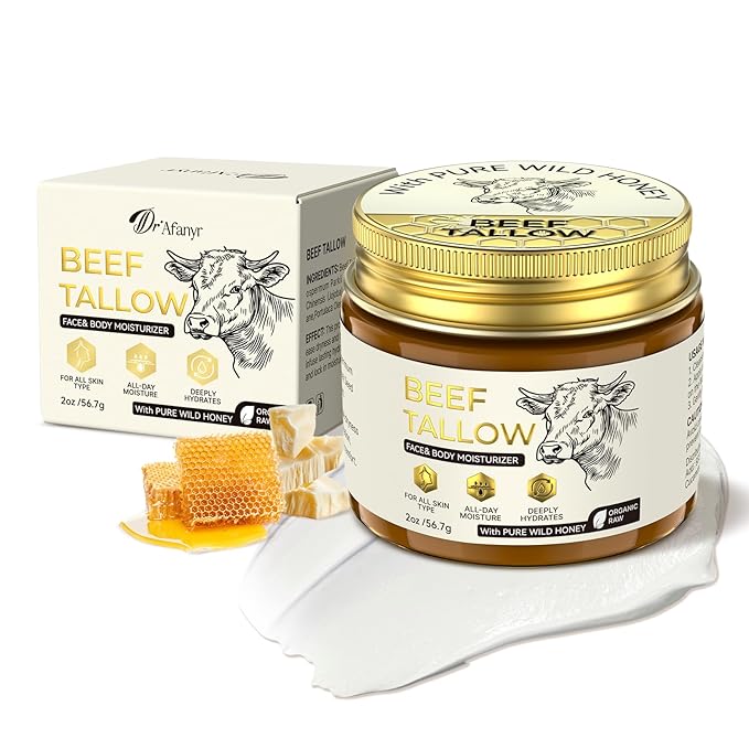 Beef Tallow for Skin - Natural Honey and Tallow Balm Nourishing Tallow Face Moisturizer Cream, Formula with Grass-Fed Organic Whipped Tallow for Dry, Cracked Face & Body Skin Care Daily Use (2 oz)
