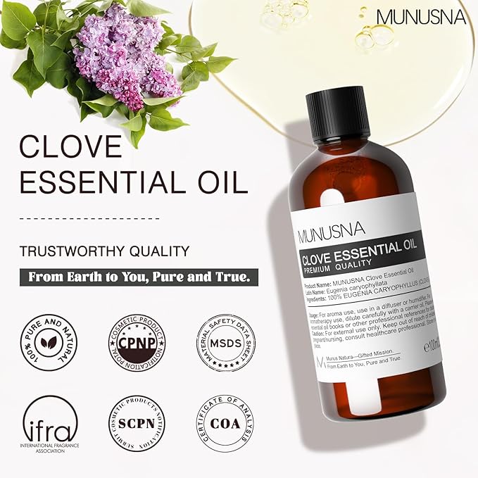 Clove Essential Oil, 100% Pure Natural Clove Oil for Skin Care, Aromatherapy, Diffuser, DIY Clean Spray, Soap and Candle Making, 100ML