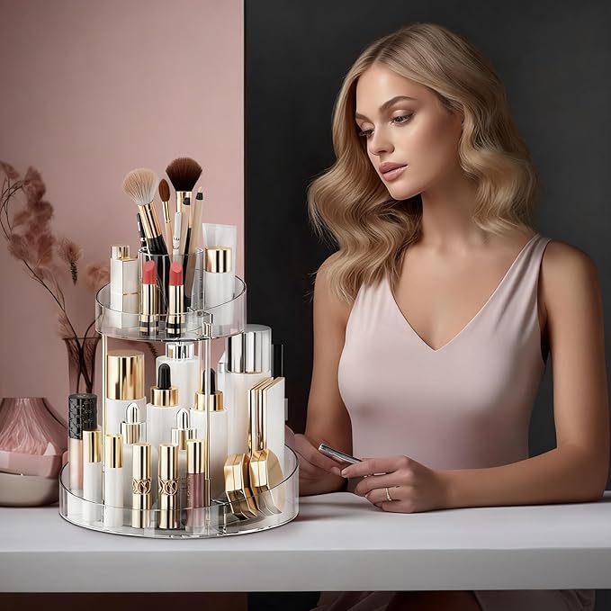 2 tier Makeup Organizer Countertop,360 Rotating Makeup Organizer for Skincare, Lipstick and Perfumes,Multi-function Cosmetic Display Cases for Vanity,Bathroom,Transparent