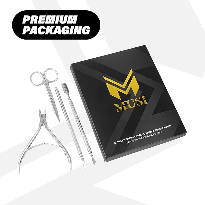 MUSI 4-Piece Cuticle Care Kit – Precision Cuticle Nipper, Pusher, Scraper & Cuticle Scissors – Stainless Steel Manicure Tools Set for Nail & Skin Grooming – Salon & Home Use