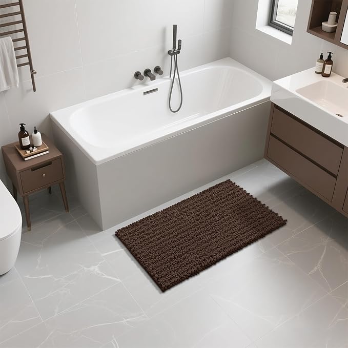 Yimobra Large Bathroom Rugs Non Slip Washable 36x24 Inch - Ultra Soft Absorbent Chenille Bath Mat, Quick Dry Shaggy Floor Carpet for Tub Shower, Brown Home Decor Accessories