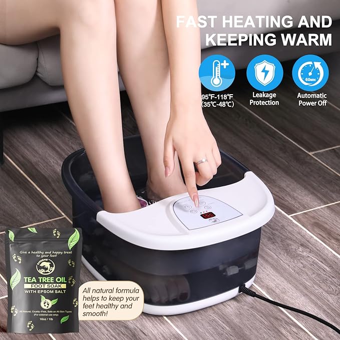 Foot Spa Bath Massager with Heat, Foot Bath with 22 Massage Rollers, Temperature Control, Jets, Bubbles, Epsom Salt and Vibration, Foot Soaking Tub for Relaxation - Grey