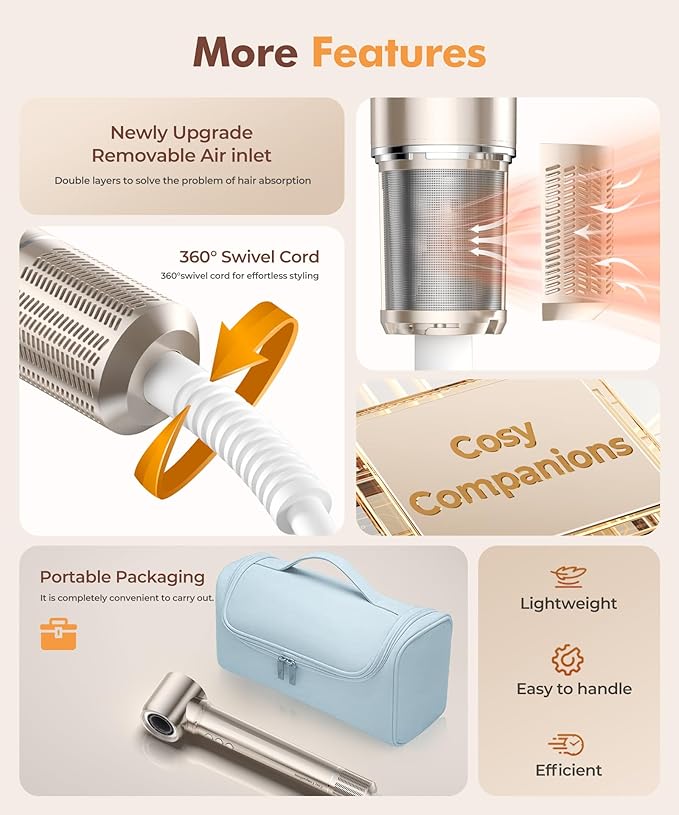 6-in-1 Hair Dryer Brush, Hair Styler with Automatic Curlers, 150,000 RPM High-Speed Negative Ionic Hair Dryer Fast Drying, Blow Dryer Brush for Curling/Volumizing/Straightening with Travel Bag, Gold