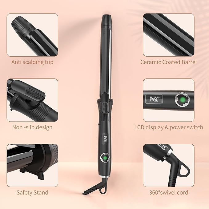 1 Inch Curling Iron with Clipped Tourmaline Ceramic Barrel Professional 1.25 Inch Hair Curler up to 450°F Dual Voltage for Traveling 60 Mins Auto Off Suit for Different (Black, 1 inch)