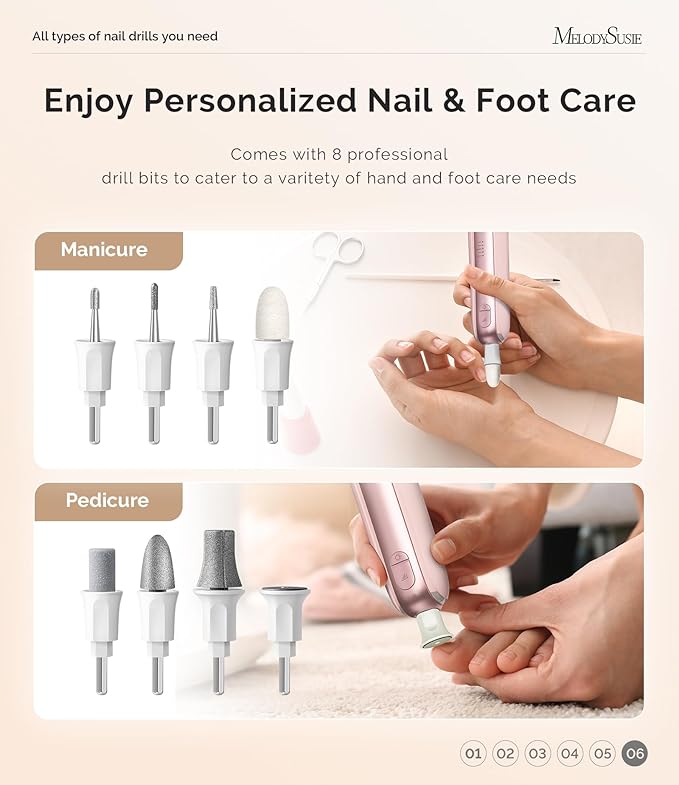 MelodySusie Cordless Pedicure & Manicure Nail Drill Kit, PC760G for Salon-Quality Foot Care for Home & Travel, Rechargeable with 5 Speeds, 8-in-1 Bits, 360° LED Light & Anti-Dust Shield, Pink