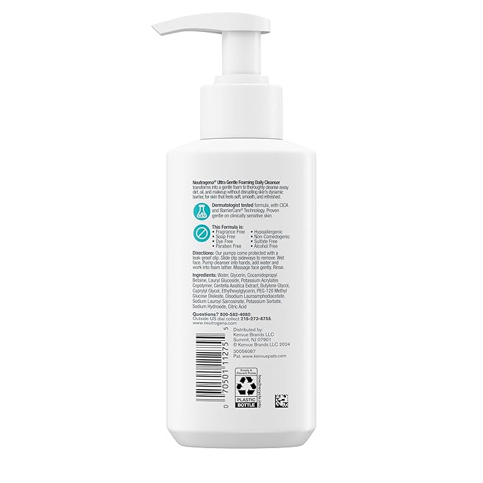 Neutrogena Ultra Gentle Foaming Facial Cleanser, Foaming Face Wash for Sensitive Skin, Gently Cleanses Away Dirt, Oil & Makeup Without Over Drying, Fragrance-Free, 5.8 fl. oz