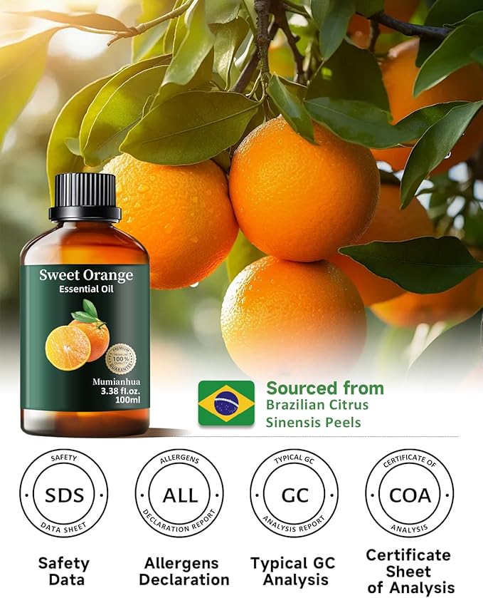 Orange Essential Oil Pure,Mumianhua Natural Sweet Orange Oil for Diffuser, Humidifier, Air Purifier, Skin,Home, Soap, Candle Making, Room Spray, Cleaning 3.38Fl Oz