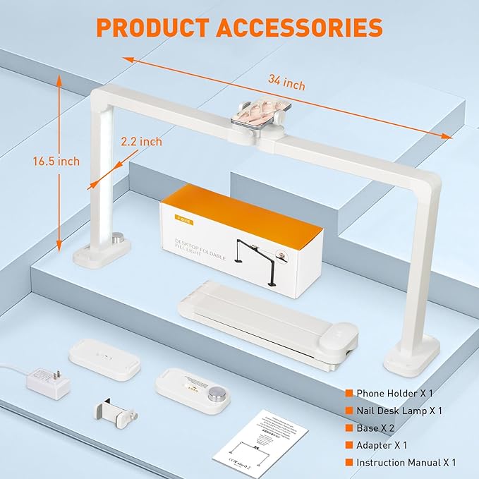 KIRKAS 34inch Large Half Moon Light for Nail Tech, 456 LEDs 3 Color Modes Infinitely Knob Arch Light with Phone Holder Charging Function, Foldable Nail Desk Lamp for Eyelash Extension, Tattoo-White