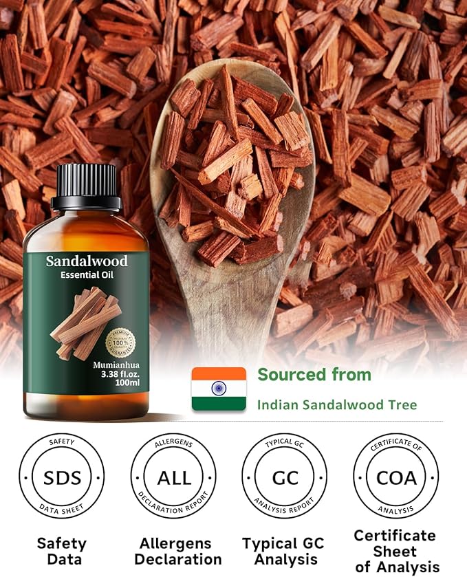 Pure Sandalwood Essential Oil, Mumianhua Natural Sandalwood Oil for Diffuser Aromatherapy, Skin, Hair, Massage, Candle, Soap Making, Evening Meditation, Calm Connection, Woody Grounding 3.38 Fl Oz