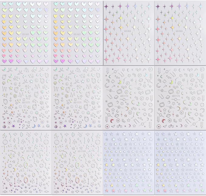12 Sheets Aurora Nail Stickers for Nail Art 3D Self Adhesive Moon Star Nail Art Stickers Aurora Nail Decals Glitter Holographic Nail Design Heart Nail Art Supplies DIY Manicure Decorations for Women