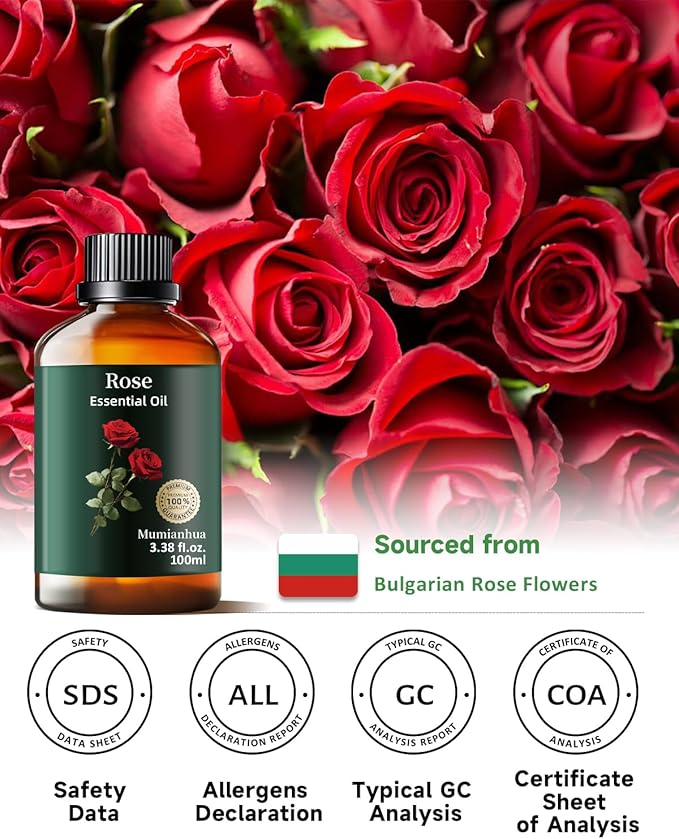 Pure Rose Essential Oil, Mumianhua Natural Rose Oil for Skin, Hair, Reed Diffuser, Air Purifier, Room Spray,Candle Making, Laundry, Relaxation, Evening Wellness, Romantic Atmosphere 3.38 Fl Oz