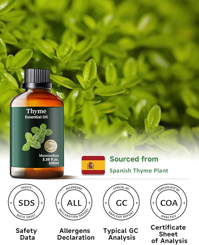 Pure Thyme Essential Oil, Mumianhua Natural Thyme Oil for Diffuser Aromatherapy, Hair Care, Skin, Massage, Soap,Candle Making, Protective Atmosphere, Outdoor Defense, Herbaceous Strength 3.38 Fl Oz