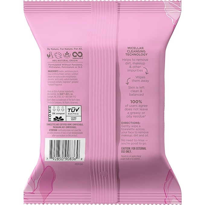 Burt's Bees Stocking Stuffers, Rose Water Face Wipes, for All Skin Types, Hydrating Micellar Makeup Remover & Facial Cleansing Towelettes, Skin Care Christmas Gifts, 30 Ct (3-Pack)