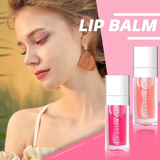 Lip Oil 2 Piece Set Moisturizing Lip Glow and Plumping Lip Oil with Cherry Oil Long-Lasting Lip Care Lip Glow Oil Color Reviver Moisturizing Non-Sticky Lip Oils Tinted Large Brush Head Shiny Tinted