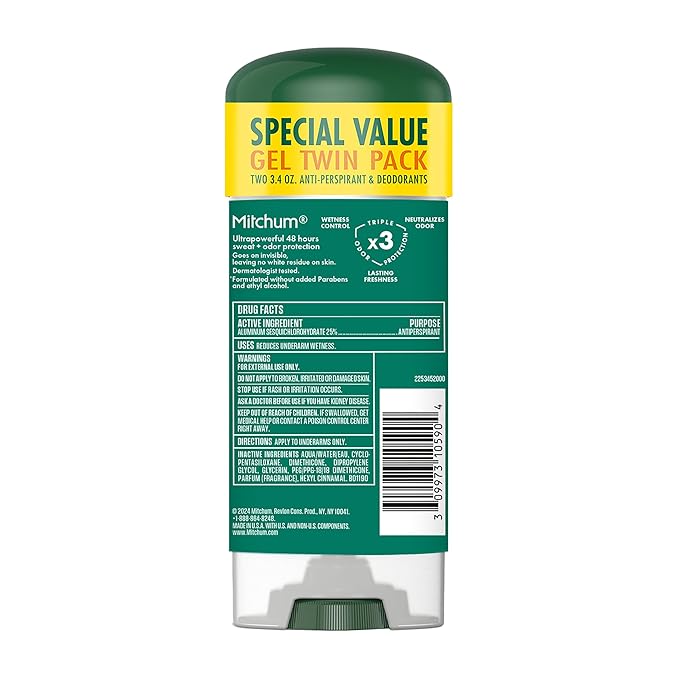 Mitchum Men’s Triple Odor Protection Antiperspirant & Deodorant Gel, Unscented, 48HR Protection, 2 pack