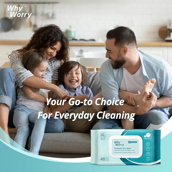 WhyWorry Flushable Wipes for Adults, Extra Large 8"x10" Butt Wipes for Personal Hygiene & Cleansing, with Chamomile and Vitamin E, 100% Plant-Based, Septic & Sewer Safe, Unscented, 48 Count