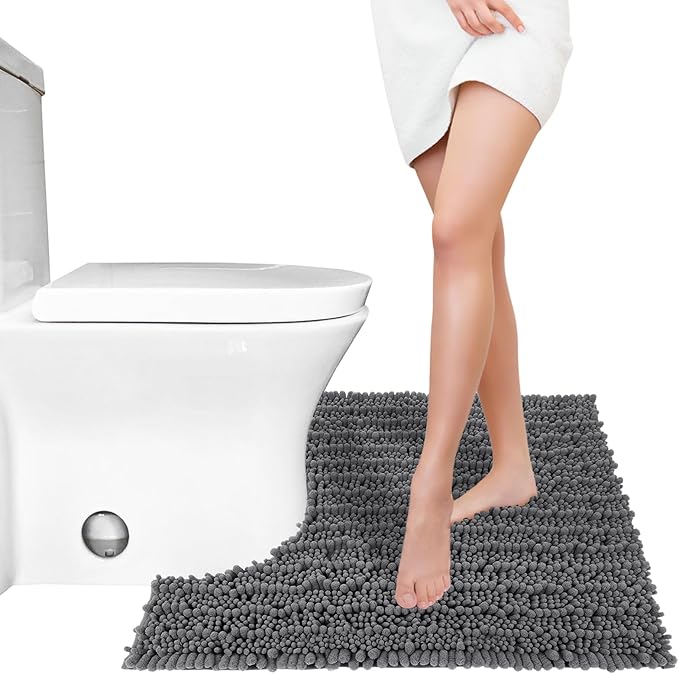 Yimobra Toilet Rug U Shaped Washable 24x20 Inch - Ultra Soft Absorbent Chenille Bath Rugs for Toilet, Quick Dry & Machine Washable, Non Slip Contour Bathroom Mat, Dark Gray