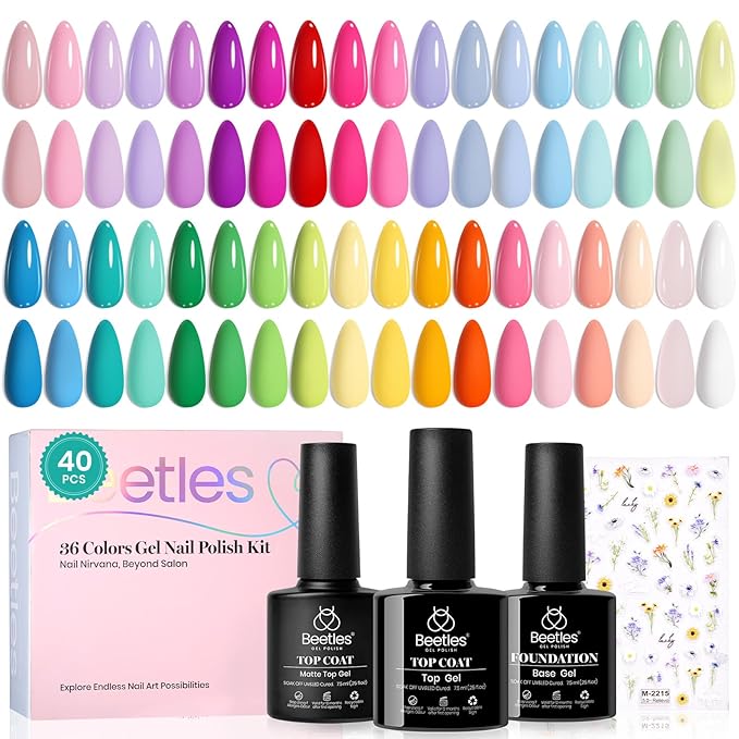 beetles Gel Nail Polish Set - 40 Pcs 36 Colors Nail Polish Kit Pink Red Green Blue Color Gel with Base&Glossy Matte Top Coat UV LED Petal Symphony Collection Nail Art Christmas Gifts for Women