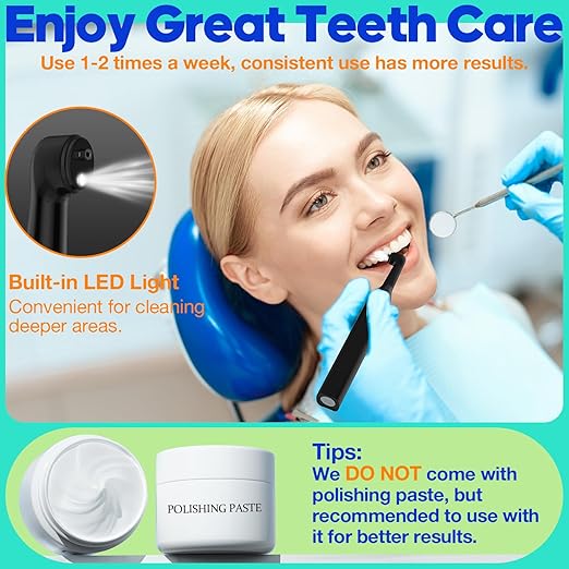 Tooth Polisher, RRZIOM Rechargeable Teeth Polisher for Teeth Whitening and Cleaning Kit, Waterproof Tooth Polish Dental Tools with LED Light, 5 Brush Heads, 5 Speed Modes, Tooth Polishing Kit
