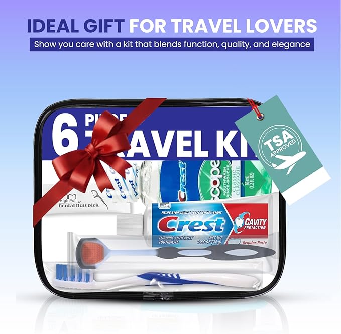 Trektote Travel Toothbrush and Toothpaste Set - 6 Piece Dental Care Kit, TSA Compliant, Includes Toothpaste, Toothbrush, Mouthwash, Tongue Cleaner, Flosses and Premium Toiletry Bag