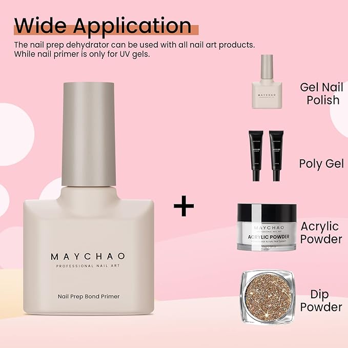 MAYCHAO Nail Prep Bond Primer, 15ML Acid free Nail Dehydrator for Acrylic and Gel Nail Polish, Fast Drying Superior Bonding Primer for Acrylic Powder Manicure Salon DIY at Home, 0.5 OZ