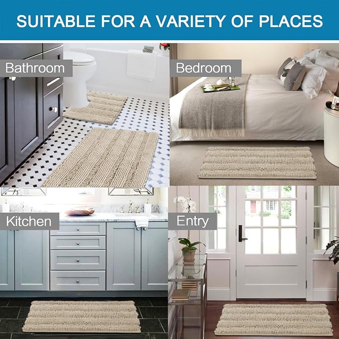 H.VERSAILTEX Bathroom Rug Sets 2 Piece Bath Mats Non Slip Thick Soft Chenille Striped Bath Rug achine Washable Shower Floor Rugs for Tub, Shower and Floor (Fog, 36"x24" Plus 20"x24" U)