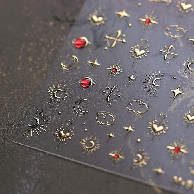 Gold Star Nail Stickers for Nail Art 3D Self Adhesive Moon Heart Nail Art Stickers Gold Star Nail Decals Glitter Nails Design for Acrylic Nails Heart Moon Star Nail Supplies for Women Girls