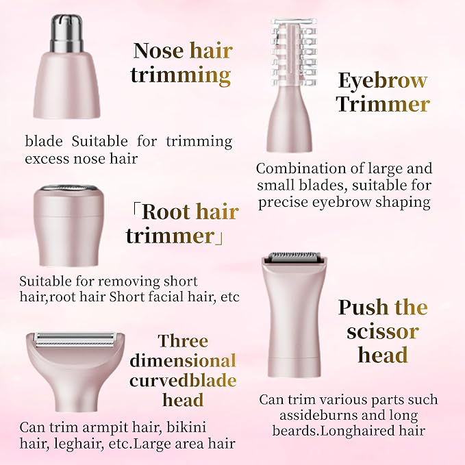 5-in-1 Rechargeable Nose & Ear Hair Trimmer - IPX7 Waterproof Dual Edge Grooming Kit for Men & Women, Perfect for Hair Removal of Nose, Eyebrows, Beard, Bikini, and Facial Hair (Pink)