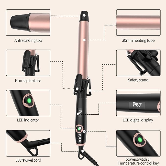 1.2 Inch Curling Iron with Clipped Tourmaline Ceramic Barrel Professional 1 1/5 Inch Hair Curler up to 450°F Dual Voltage for Traveling 60 Mins Auto Off Suit for Different