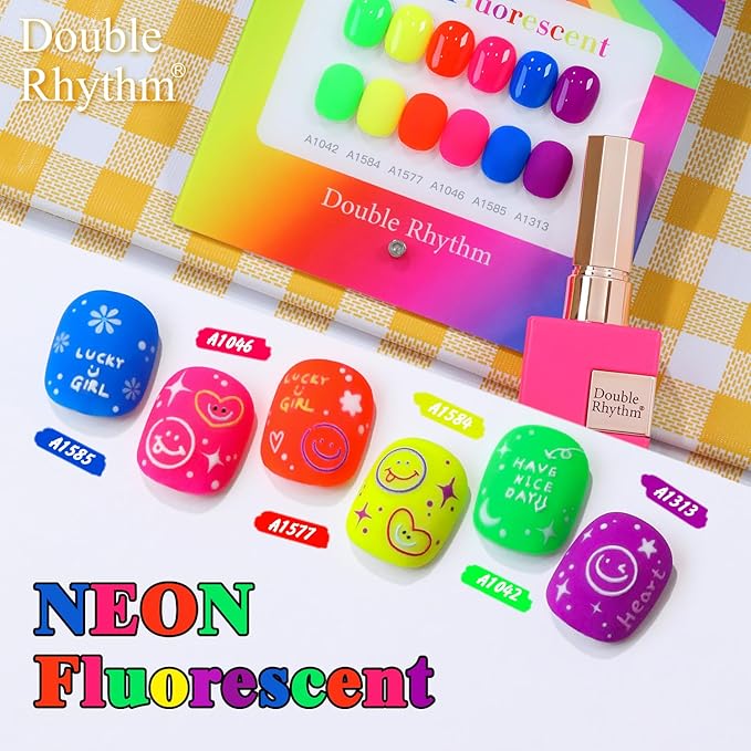 Double Rhythm 6 Pcs 15 ML Gel Polish Set Same Color Same Bottle Soak Off Gel Polish Kit Nail Art Manicure Salon DIY at Home for Women (Neon Green Red Pink Blue Purple-T6-12)