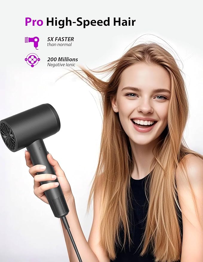 Hair Dryer, 3 Min Fast Drying-110000 RPM Professional High Speed Blow Dryer 200 Millions Negative Ionic Care Hair Dryer, Low Noise Thermo-Control Hairdryer, Travel with Secure Lock Nozzle (Black)