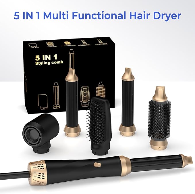 Hair Dryer Brush 5 in 1, Blow Dryer Brush Set with Air Curler Wrap Hair Styler, Negative Ionic Blow Dry Brush, Detachable Hair Tool for Curling, Volumizer,Straightener,Drying