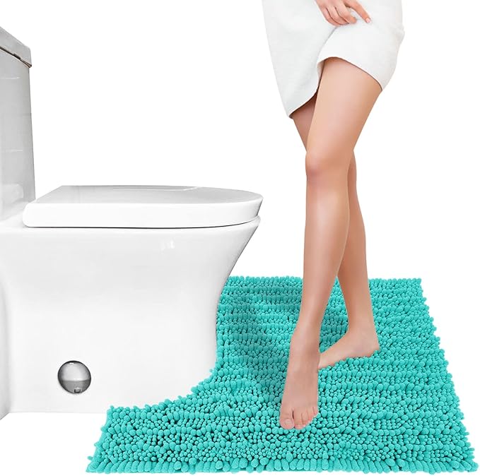 Yimobra Toilet Rug U Shaped Washable 24x20 Inch - Ultra Soft Absorbent Chenille Bath Rugs for Toilet, Quick Dry & Machine Washable, Non Slip Contour Bathroom Mat, Lake Blue