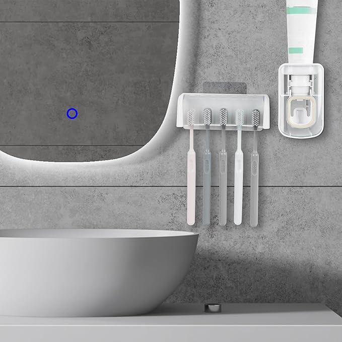 5 Slots Wall Mount Toothbrush Holder with Cover, Self Adhesive Toothbrush Storage Organizer for Shower, Toothbrush Hanger with Automatic Toothpaste Squeezer Dispenser