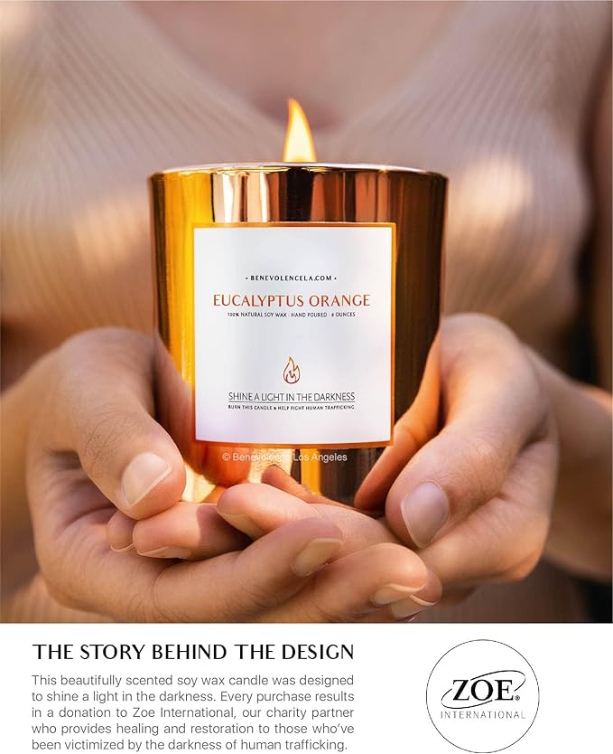 Benevolence LA Eucalyptus Orange Wood Wick Candles | Soy Christmas Scented Candles for Home | Holiday Candle Gifts for Women and Men | Home Fragrance | Aromatherapy | Shelf Decor | 8oz, 45 Hour Burn